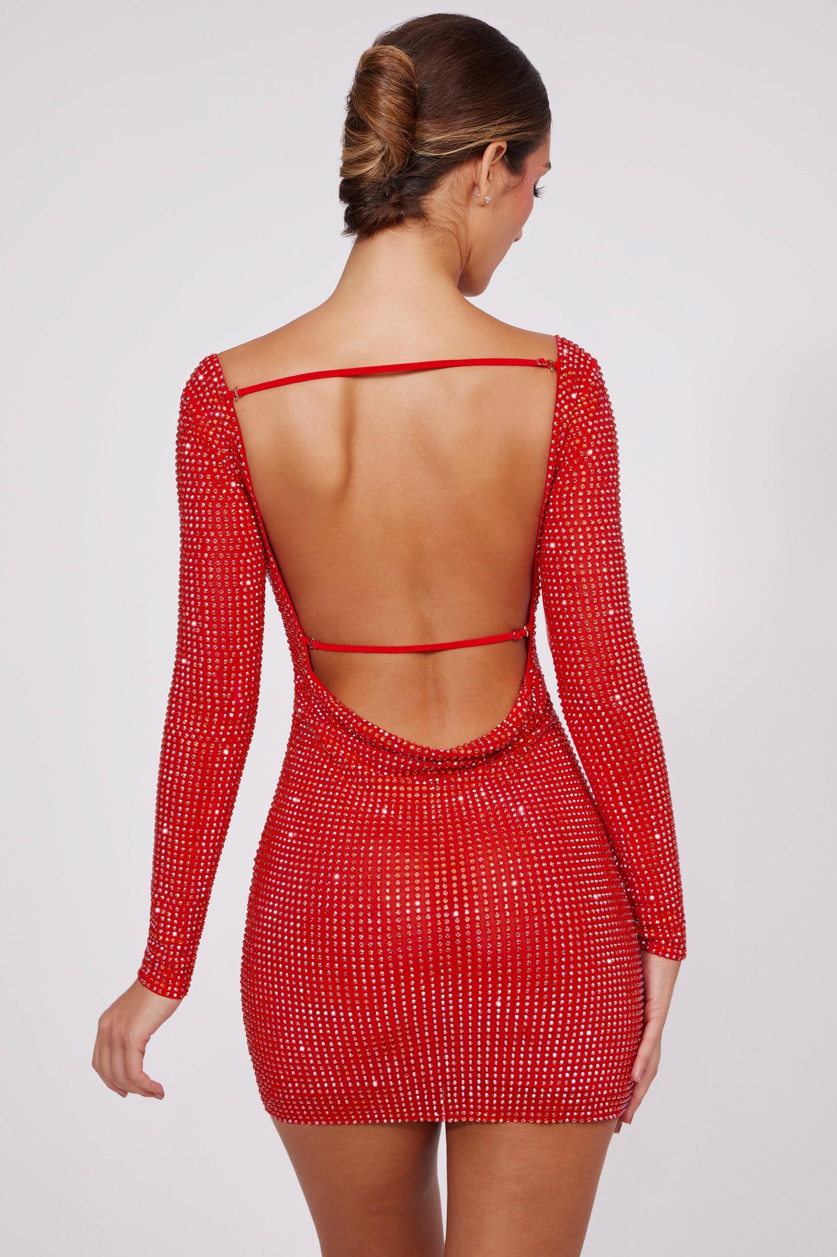 Embellished High Neck Cowl Back Mini Dress in Fire Red Product Image