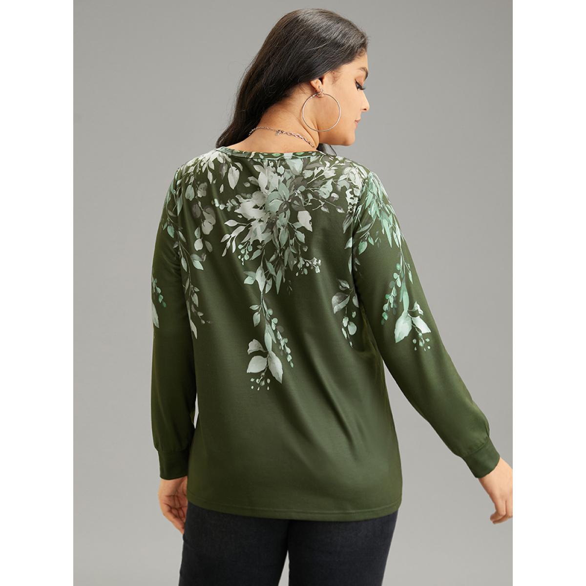Plus Size Plants Print V Neck Elastic Cuffs Sweatshirt Women Mint Elegant Printed V-neck Dailywear Sweatshirts BloomChic 18-20/2X Product Image