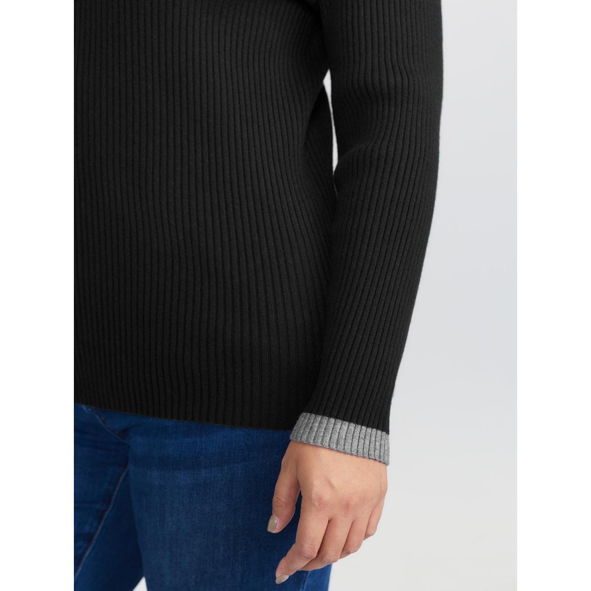 Plus Size Polo Neck Contrast Metal Buttons Pullover Black Women Leisure Bodycon Long Sleeve Polo Casual Pullovers BloomChic 22-24/3X Product Image