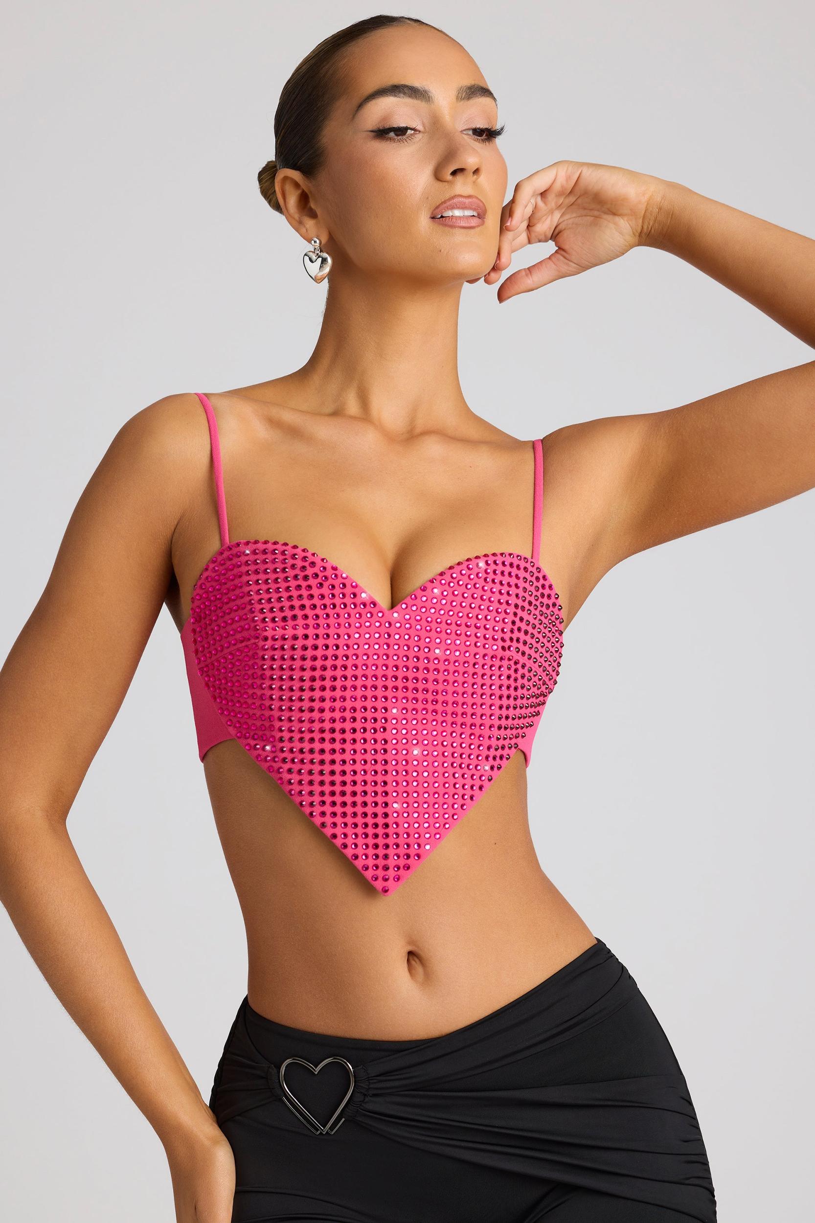Embellished Heart Detail Crop Top in Magenta Product Image