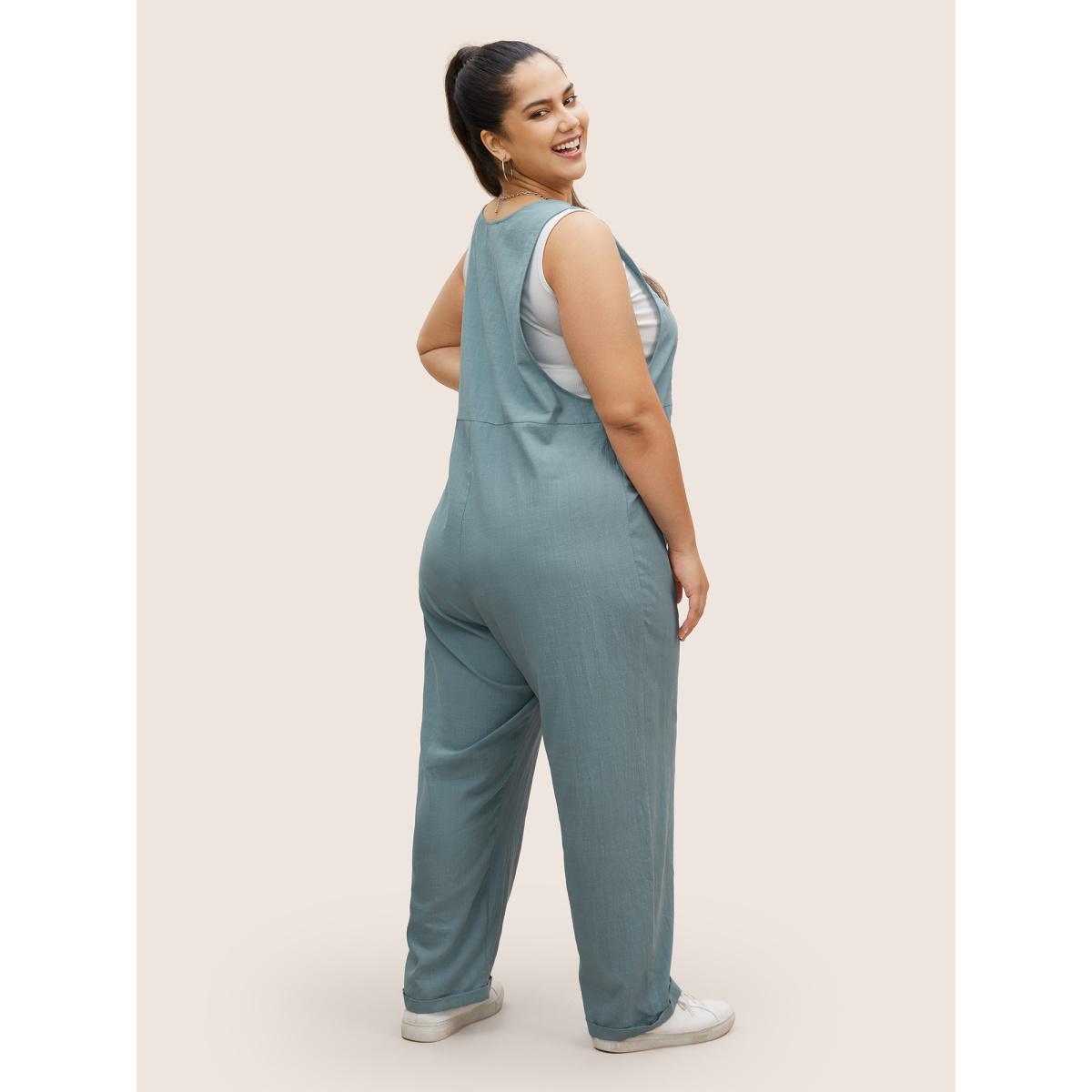 Plus Size Stone Cotton Solid Patch Pocket Button Detail Jumpsuit Women Casual Sleeveless Non Everyday Loose Jumpsuits BloomChic 28/5X Product Image