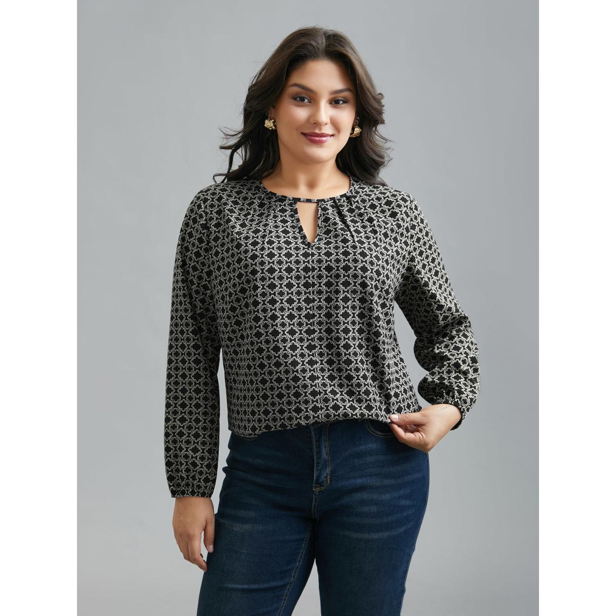 Plus Size Black Geometric Print Plicated Detail Keyhole Blouse Women Elegant Extra Long Sleeve Round Neck Everyday Blouses BloomChic 18-20/2X Product Image