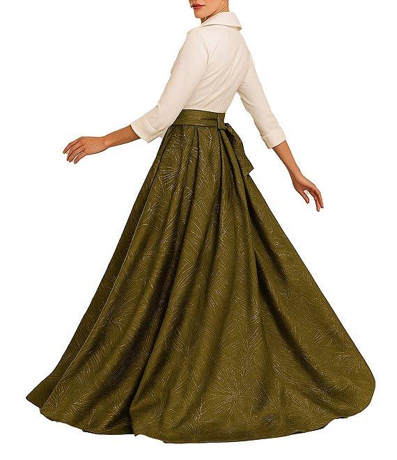 Terani Couture Brocade Portrait Collar 3/4 Sleeve Two Tone Belted Ball Gown Product Image