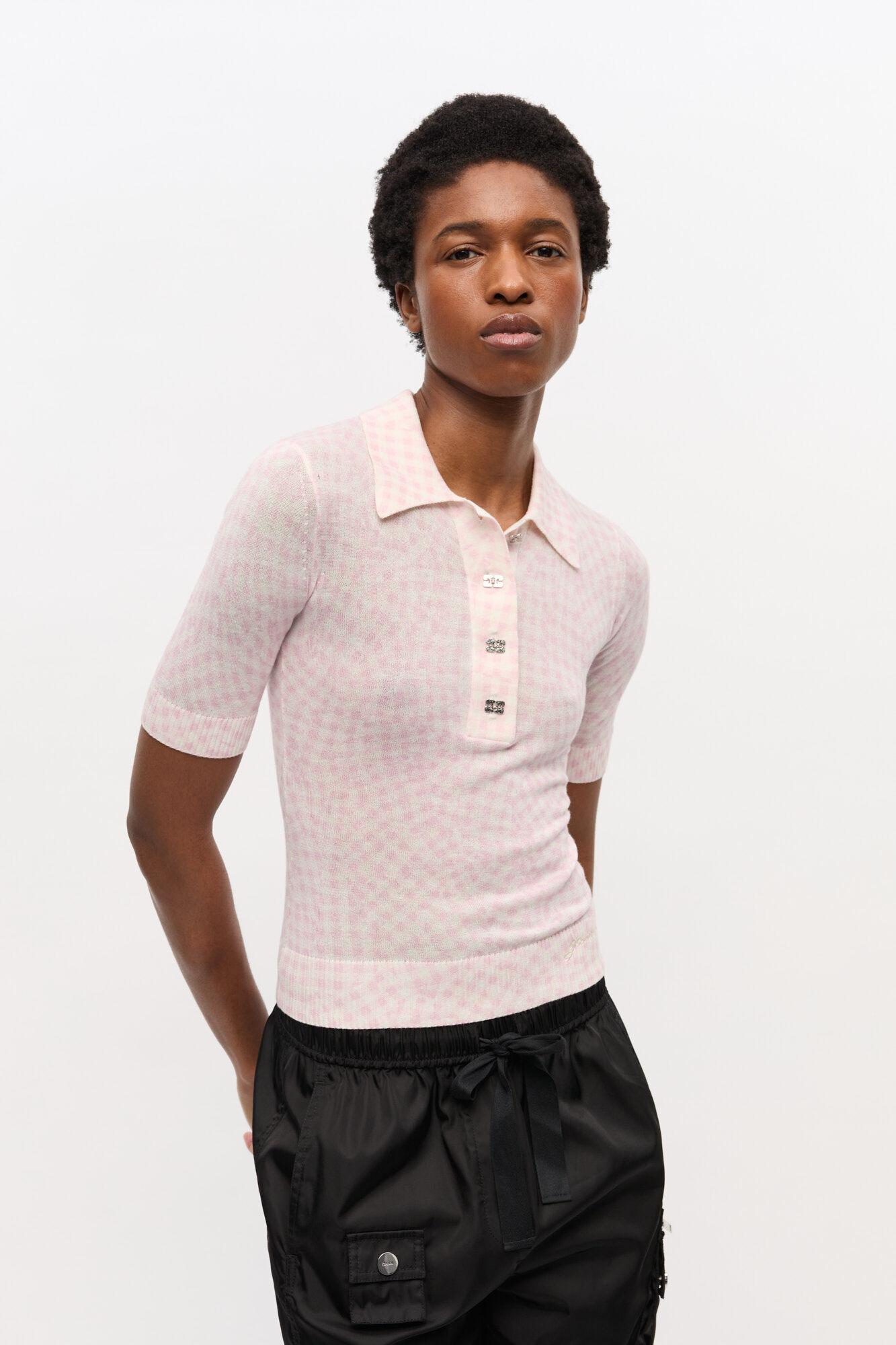 Pink Sheer Cotton Printed Polo Shirt Product Image