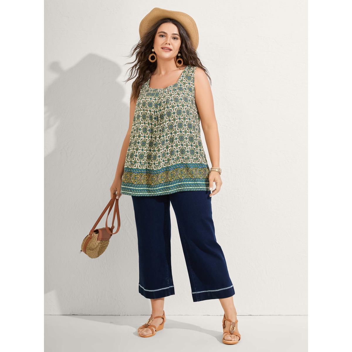 Plus Size Floral Print Pleated Neckline Tank Top Women Teal Boho Pleated Square Neck Vacation Tank Tops Camis BloomChic 12/L Product Image