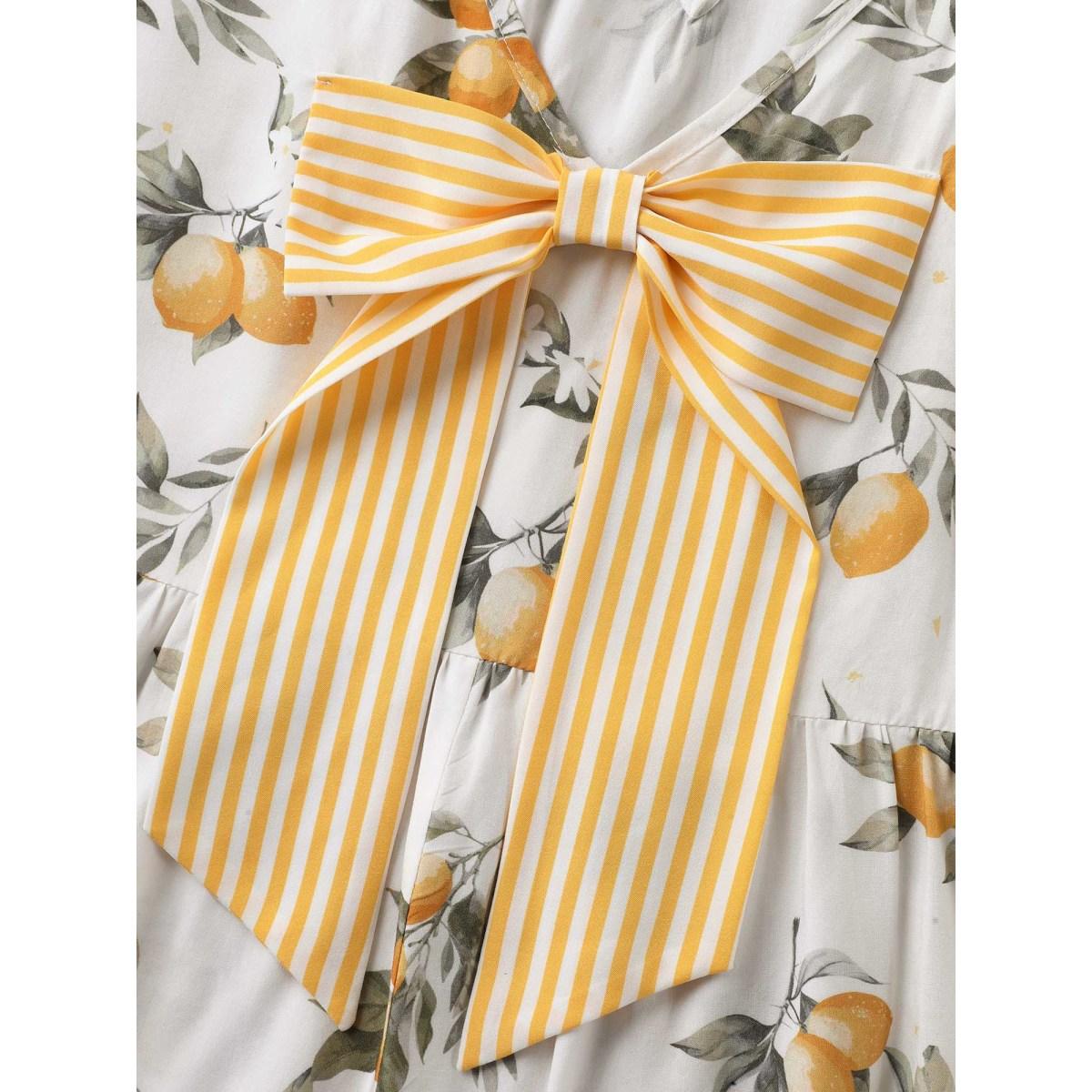 Plus Size Apricot Citrus Print Bow Backless Blouse Women Leisure Short sleeve Round Neck Casual Blouses BloomChic 14-16/1X Product Image