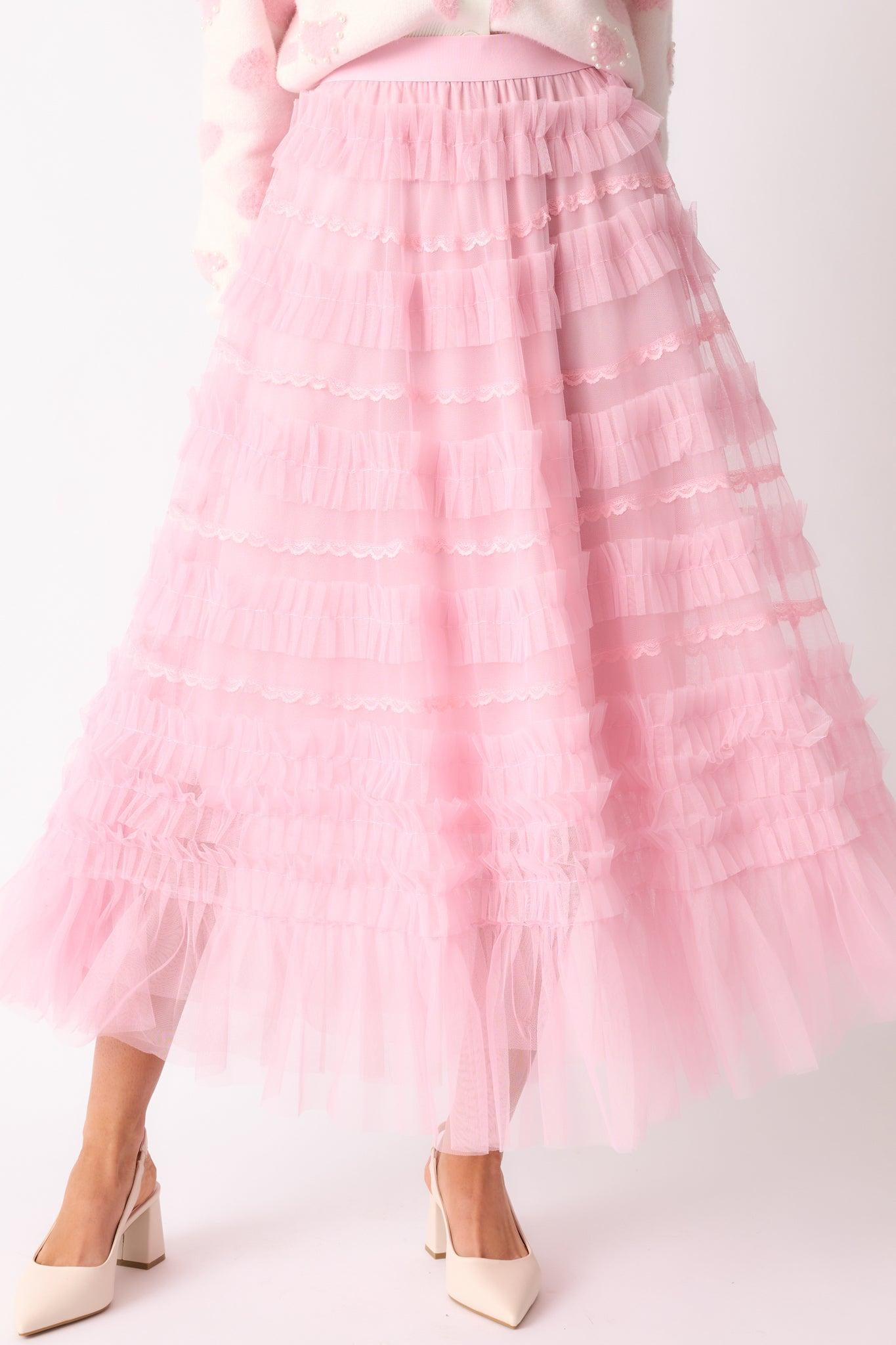 Walk In The Garden Light Pink Ruffle Tulle Midi Skirt Product Image