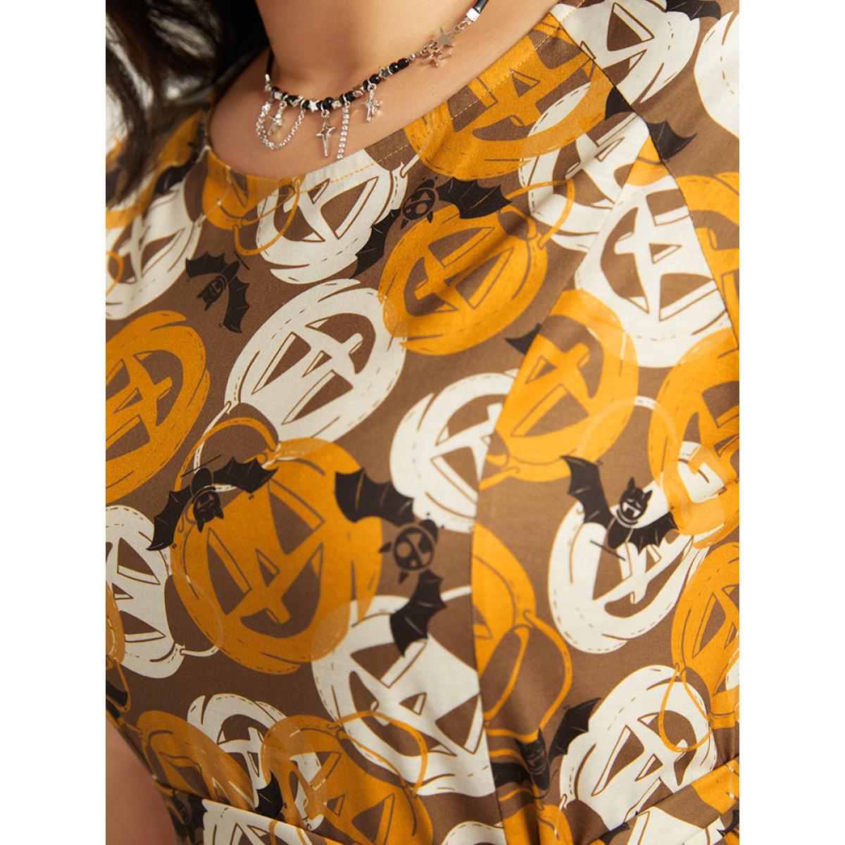 Plus Size Halloween Print Crew Neck Pocket Belted Dress Orange Women Elegant Belted Round Neck Short sleeve Curvy Midi Dress BloomChic 22-24/3X Product Image
