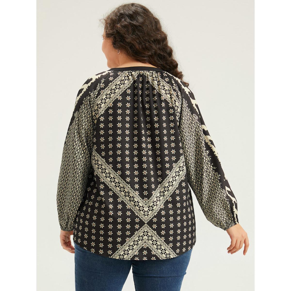 Plus Size Black Boho Print Lantern Sleeve Notched Blouse Women Vacation Long Sleeve Notched collar Dailywear Blouses BloomChic 18-20/2X Product Image