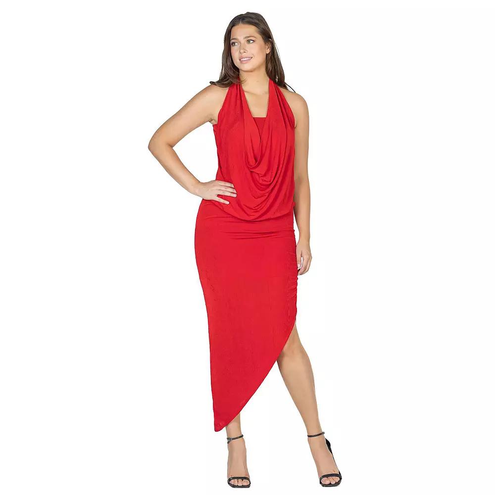 Women's 24Seven Comfort Apparel Cowlneck Long Asymmetrical Backless Halter Dress,  Product Image