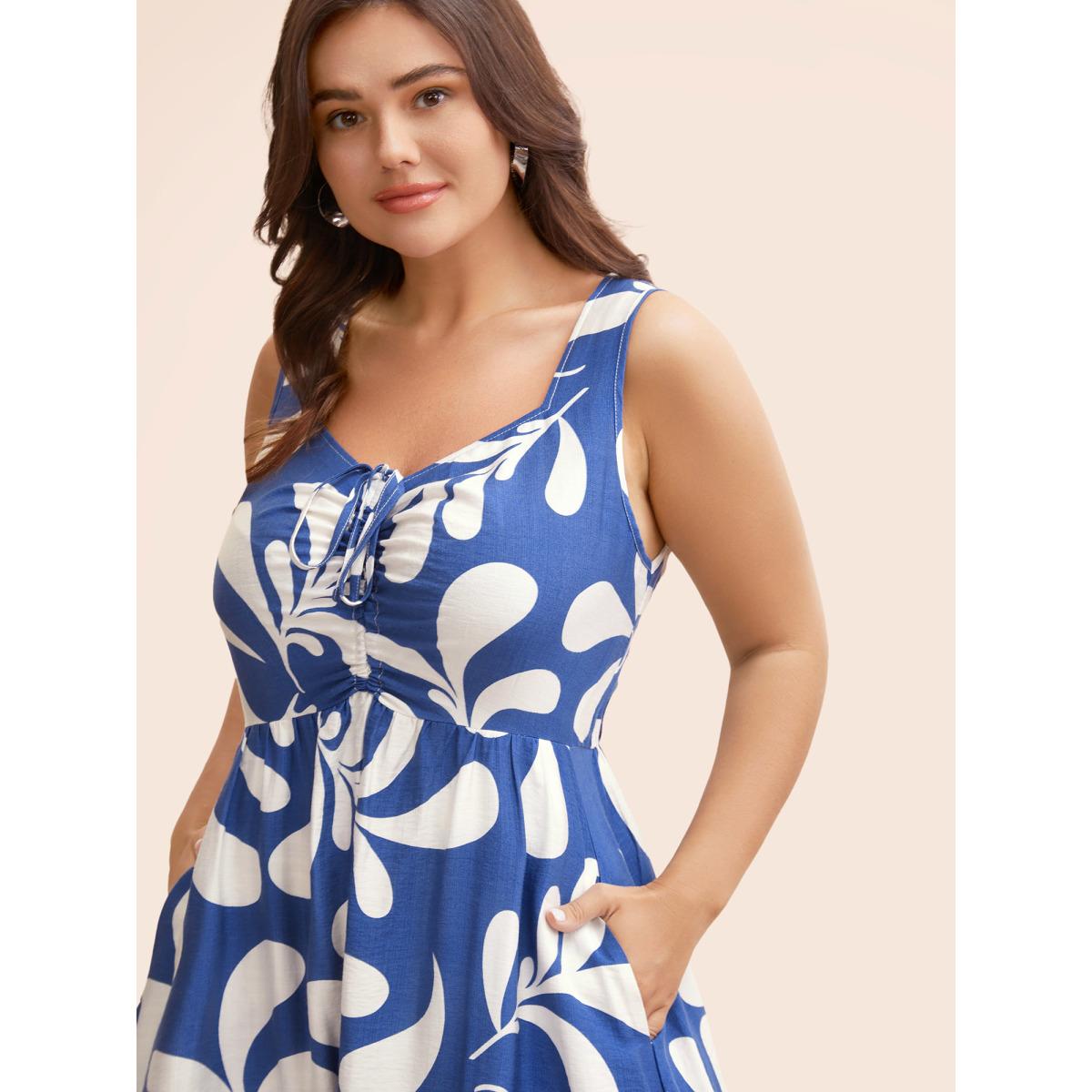 Plus Size Silhouette Floral Print Drawstring Midi Dress Mediumblue Women Elegant Gathered Heart neckline Sleeveless Curvy BloomChic 14-16/1X Product Image