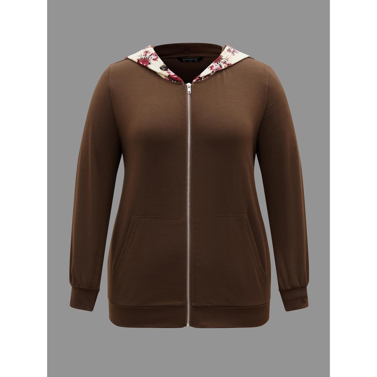 Plus Size Floral Zipper Patch Pocket Hooded Sweatshirt Women Browncoffeecolor Casual Contrast Loose Hooded Everyday Sweatshirts BloomChic 14-16/1X Product Image