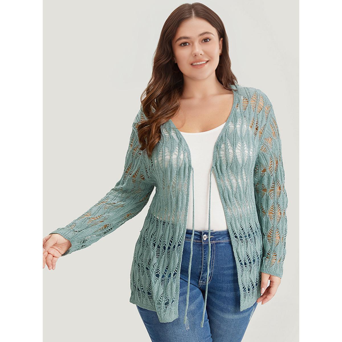 Plus Size Solid Tie Front Hollow Out Cardigan Stone Women Casual Loose Long Sleeve Everyday Cardigans BloomChic 12/L Product Image