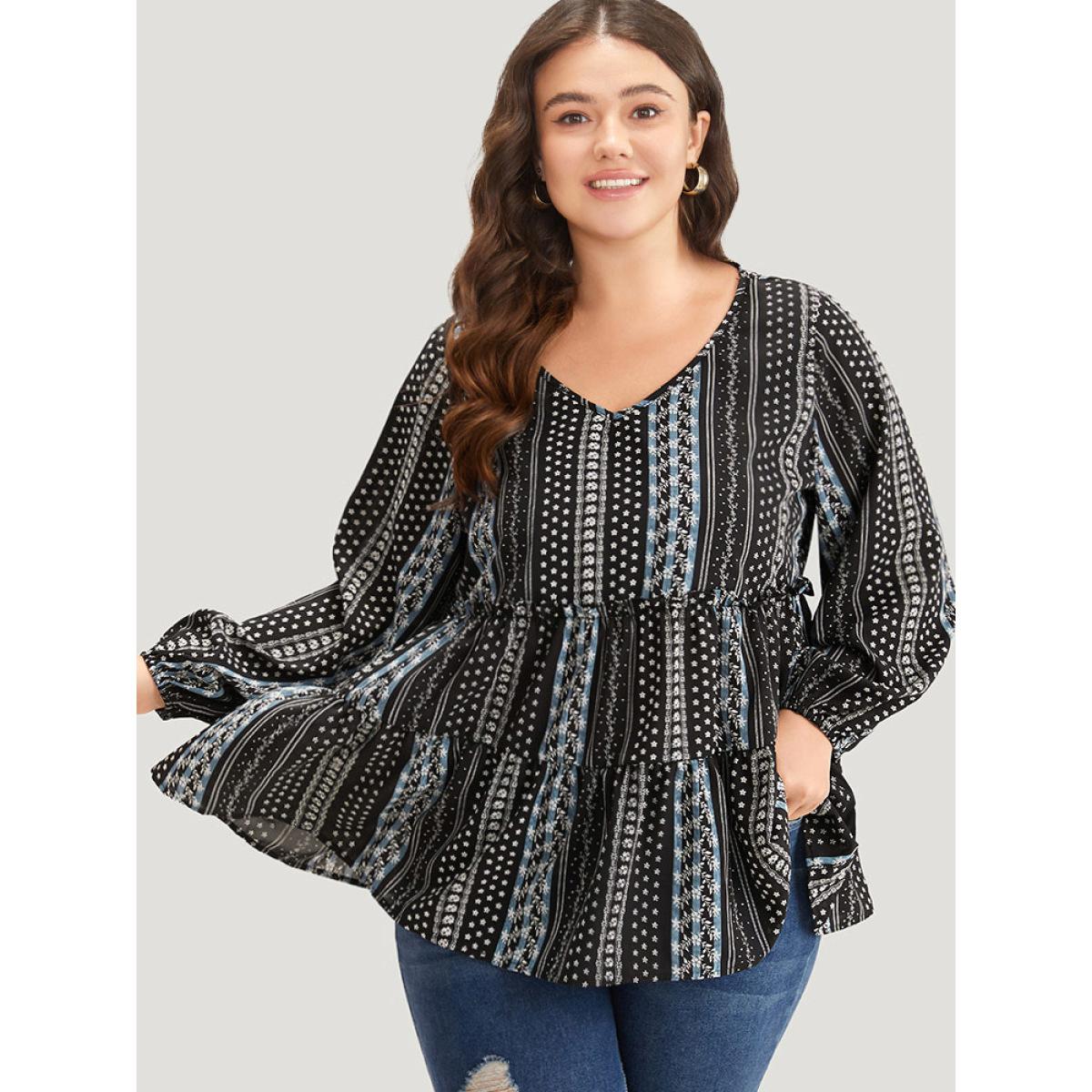 Plus Size BlackFlower Boho Print Frill Trim Ruffle Layered Hem Blouse Women Vacation Long Sleeve V-neck Vacation Blouses BloomChic 22-24/3X Product Image