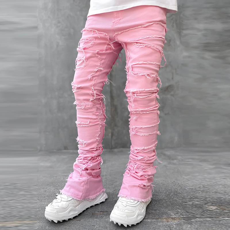 Men's Hiphop Fashion Elastic Patch Denim Straight Pants Product Image