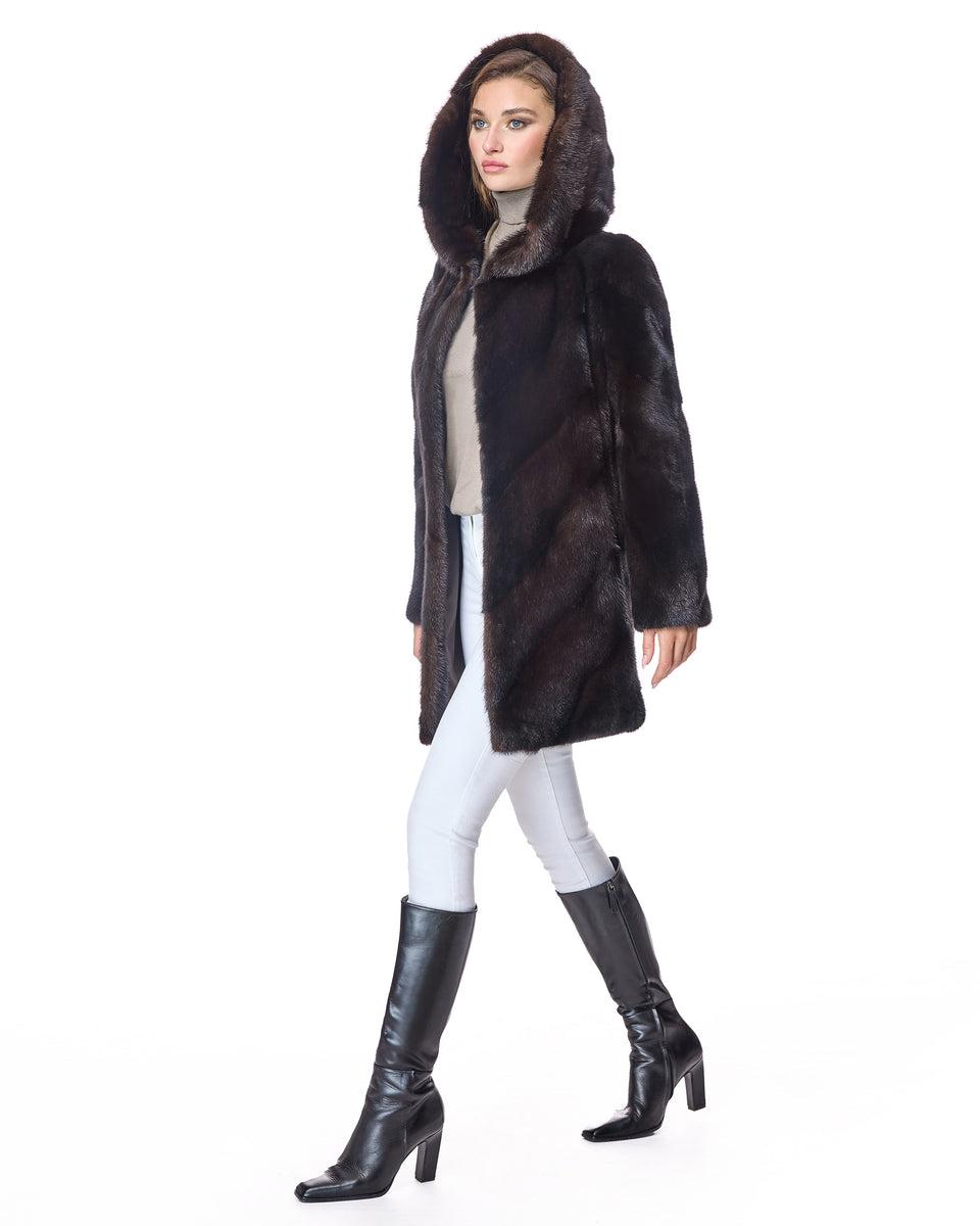 Hooded Chevron Mink Coat Product Image