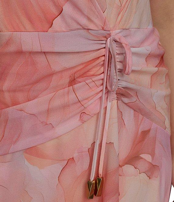 Donna Karan Plus Size V-Neck Floral Print Sleeveless Chiffon Wrap Dress Product Image