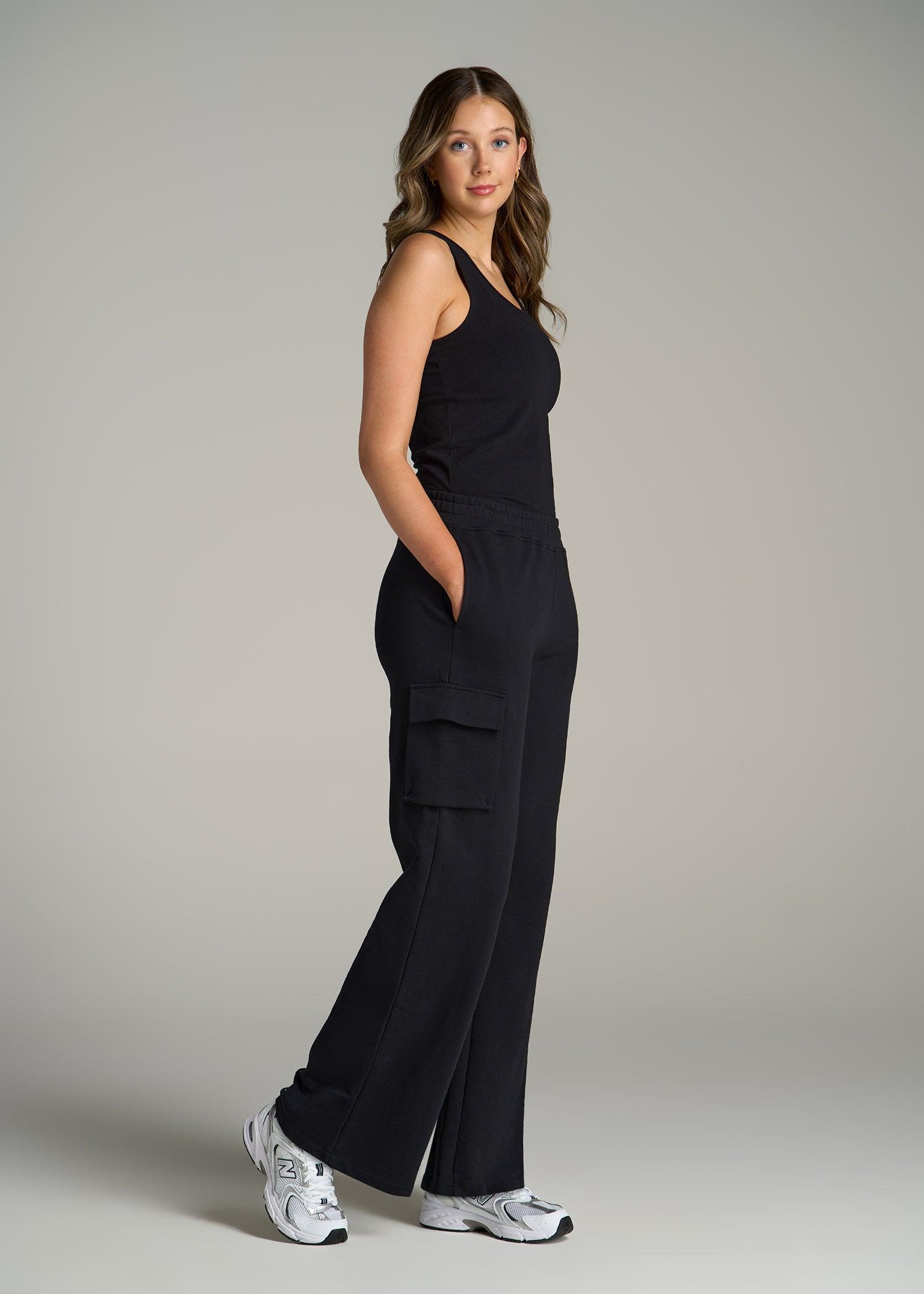 French Terry Wide Leg Cargo Sweatpants for Tall Women in Black Female Product Image