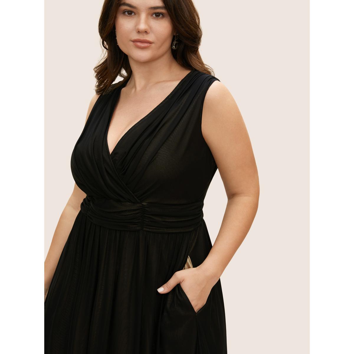 Plus Size Solid Mesh Ruched Midi Tank Dress Black Women Cocktail V-neck Sleeveless Curvy BloomChic 28/5X Product Image