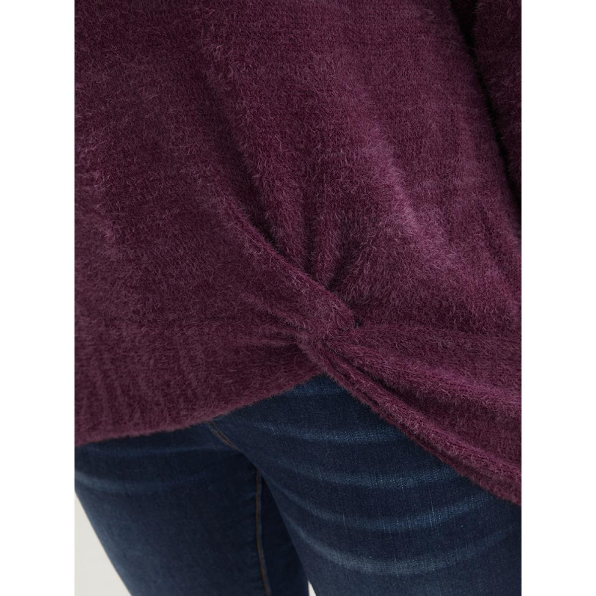 Plus Size Solid Soft Sexy Yarn Knit Twist Front Fluffy Knit Top Burgundy Women Elegant Loose Long Sleeve Round Neck Dailywear Pullovers BloomChic 22-24/3X Product Image