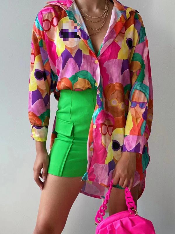 Long Sleeves Loose Buttoned Figure Printed Lapel Blouses&Shirts Tops Product Image