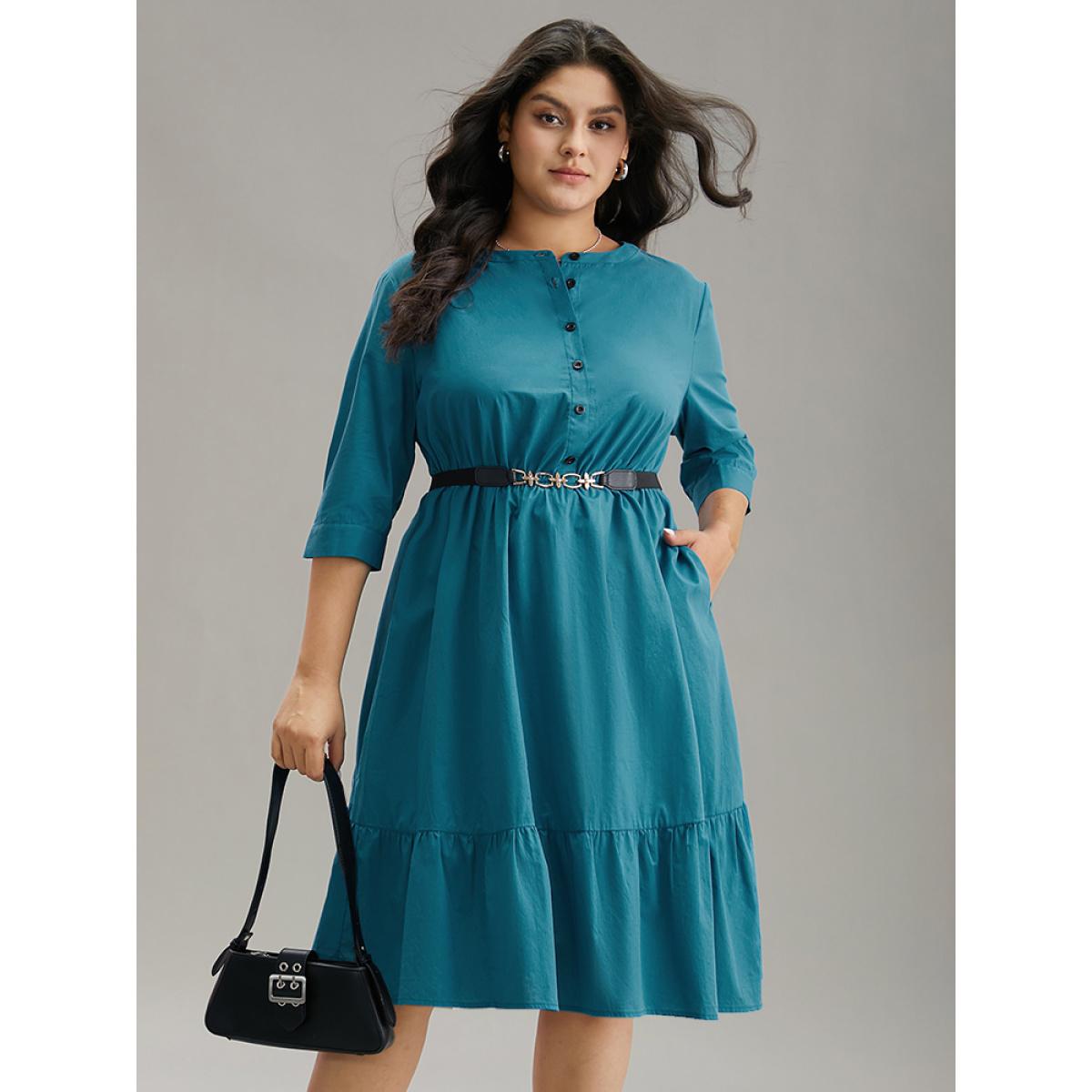 Plus Size Solid Button Up Ruffles Pocket Gathered Dress Aegean Women Office Plain Round Neck Elbow-length sleeve Curvy Midi Dress BloomChic 18-20/2X Product Image