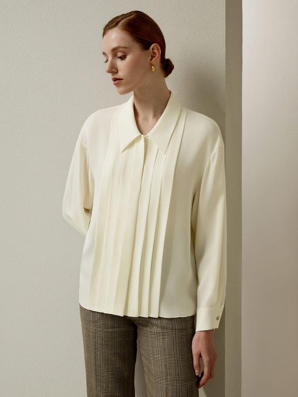 Pleated Point Collar Silk Blouse Product Image
