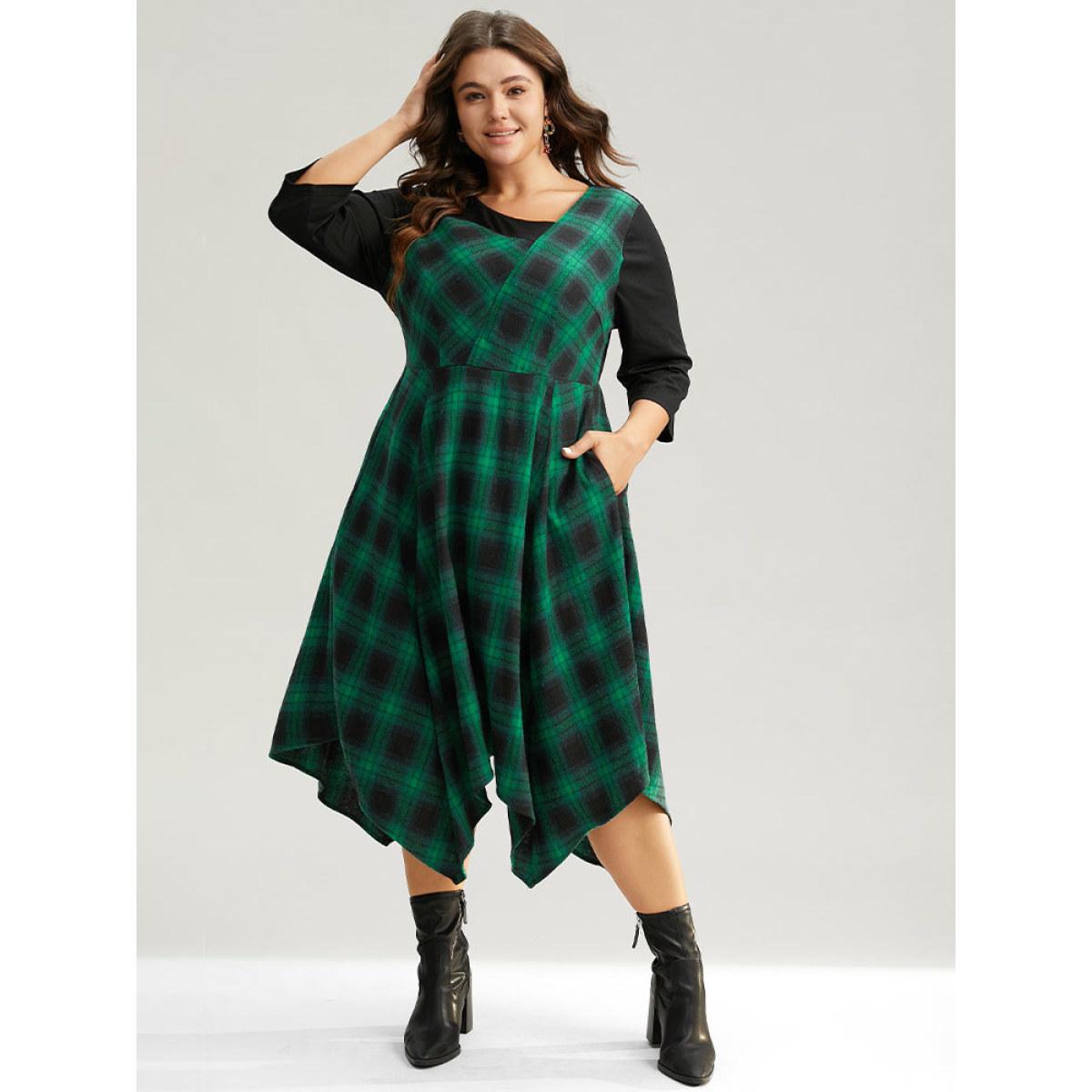 Plus Size Christmas Plaid Asymmetrical Patchwork Hanky Hem Dress DarkGreen Women Casual Patchwork Asymmetrical Neck Elbow-length sleeve Curvy Midi Dress BloomChic 10/M Product Image