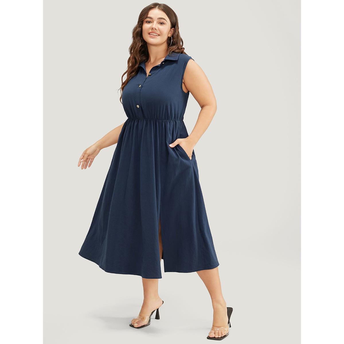 Plus Size Solid Shirt Collar Sleeveless Pocket Button Up Split Hem Dress Indigo Women Office Button Shirt collar Sleeveless Curvy Midi Dress BloomChic 26/4X Product Image