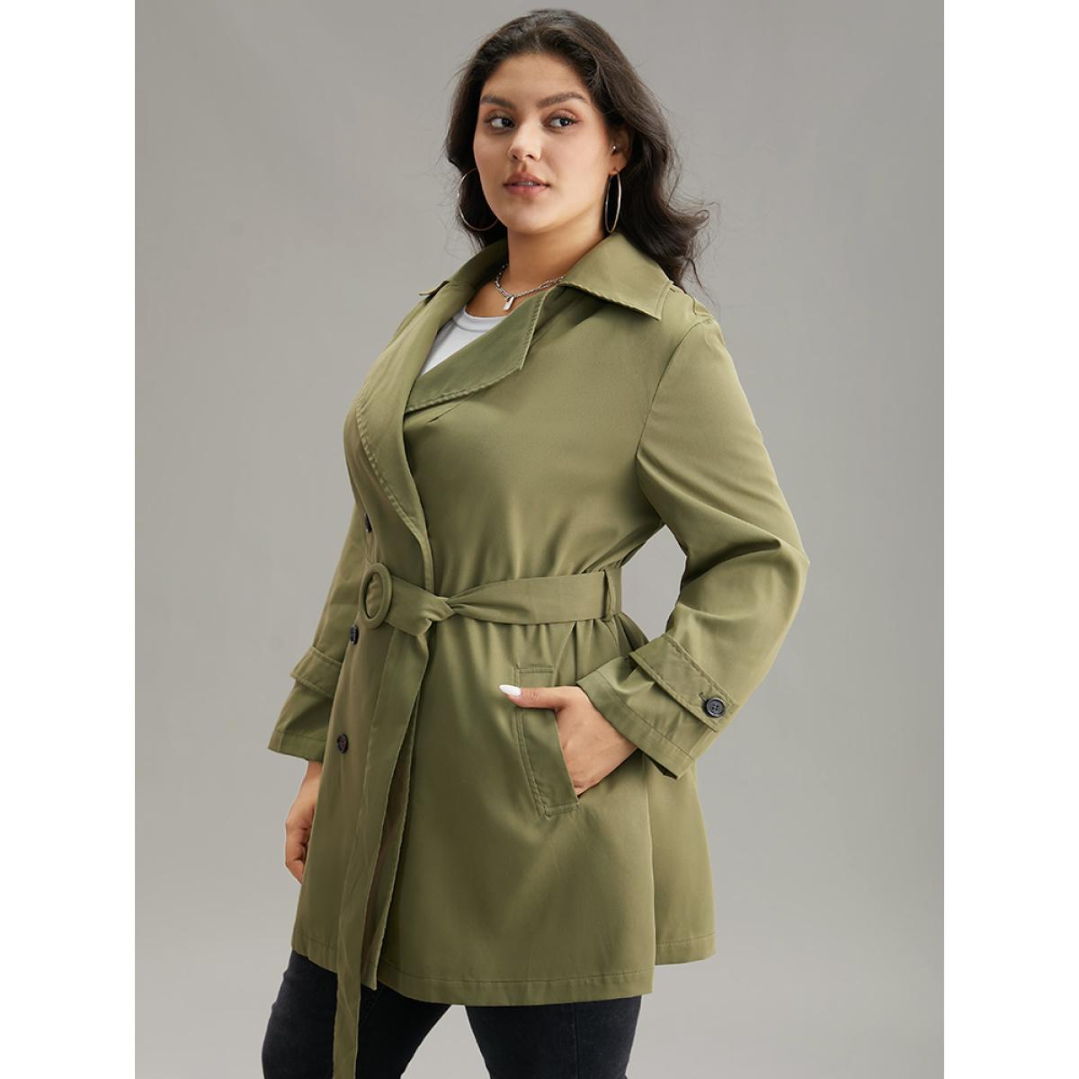 Plus Size Plain Double Breasted Belted Pocket Windbreaker Women ArmyGreen Casual Plain Ladies Dailywear Winter Coats BloomChic 28/5X Product Image