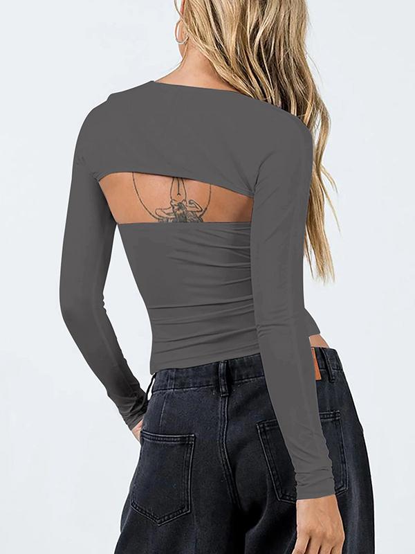 Long Sleeves Skinny Solid Color Collarless T-Shirts Tops Product Image
