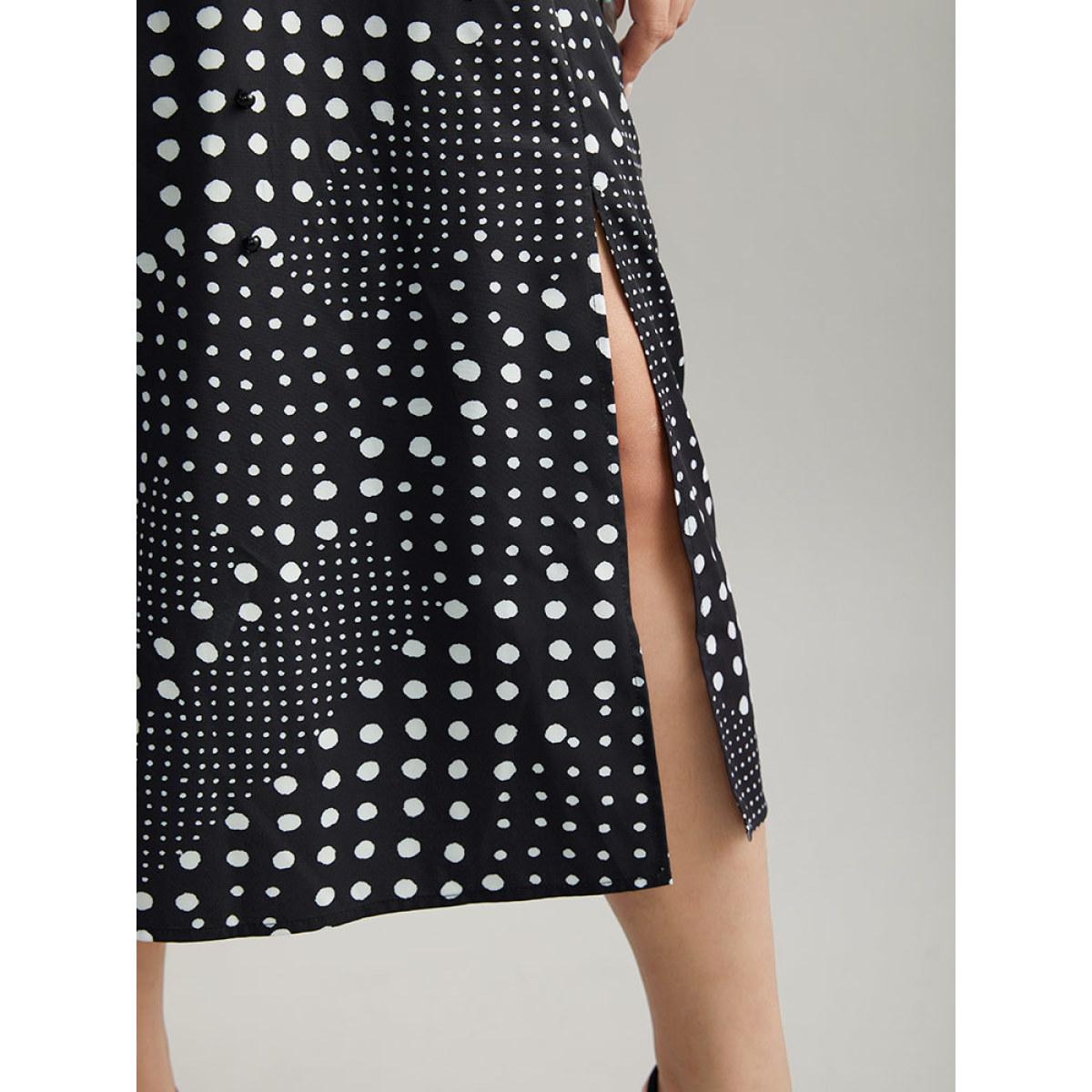 Plus Size Polka Dot Elastic Waist Split Hem Dress Black Women At the Office Pleated V-neck Long Sleeve Curvy Midi Dress BloomChic 30/6X Product Image