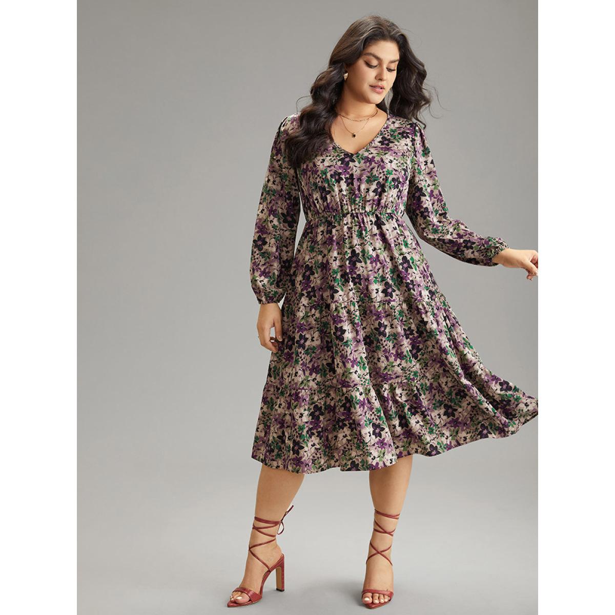 Plus Size Floral Gathered Ruffle Layered Hem Dress Mauve Women Elegant Elastic cuffs V-neck Long Sleeve Curvy Midi Dress BloomChic 28/5X Product Image