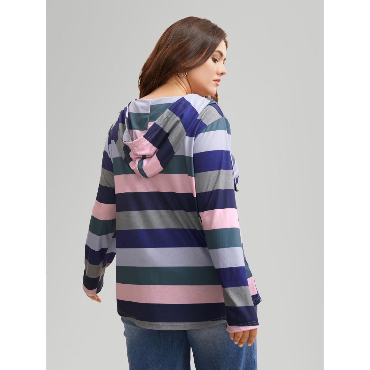 Plus Size Contrast Striped Hooded Drawstring T-shirt Multicolor Women Casual Drawstring Hooded Everyday T-shirts BloomChic 12/L Product Image