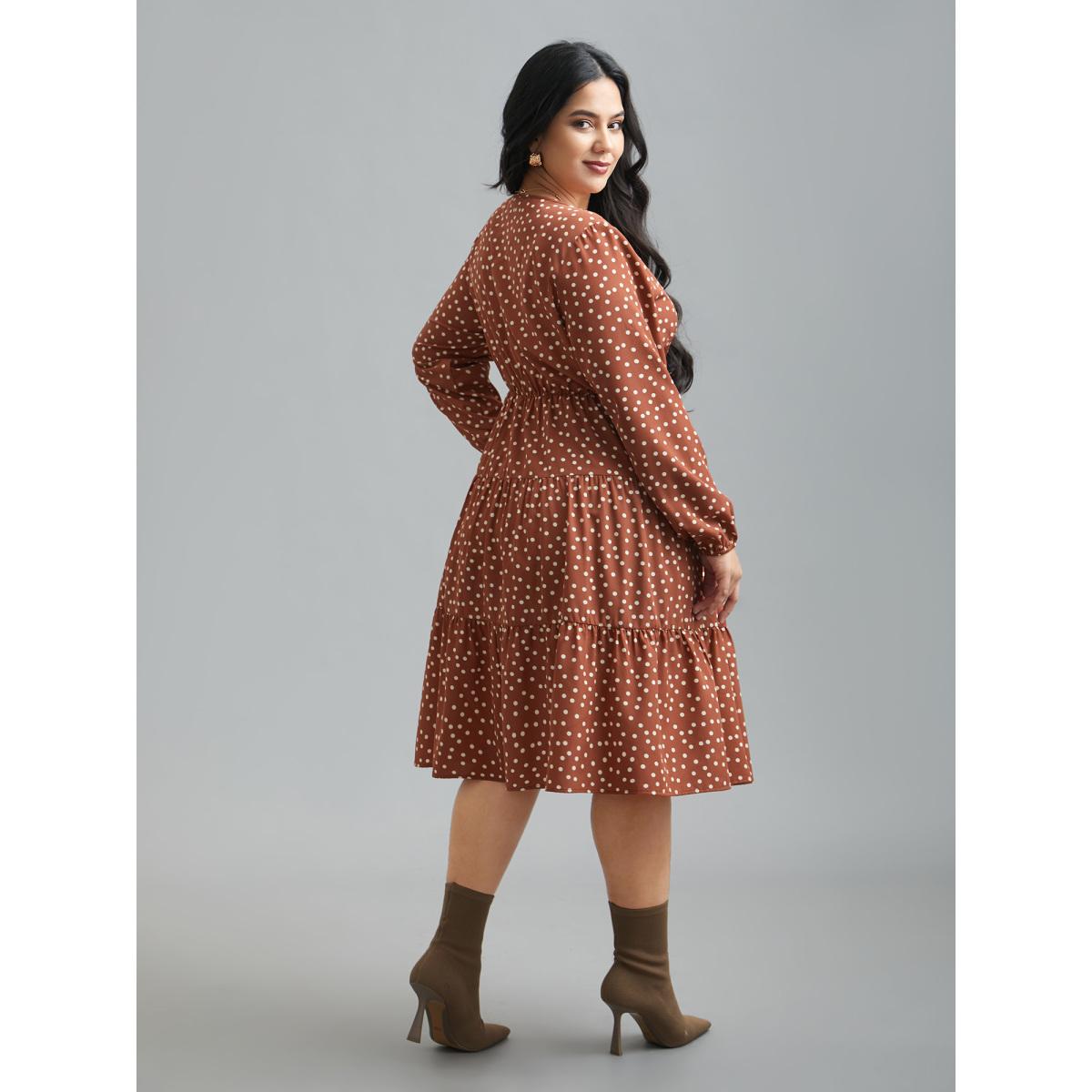 Plus Size Polka Dot Waist-Cinched Tiered Dress Rust Women At the Office Ruffles Round Neck Long Sleeve Curvy BloomChic 26/4X Product Image
