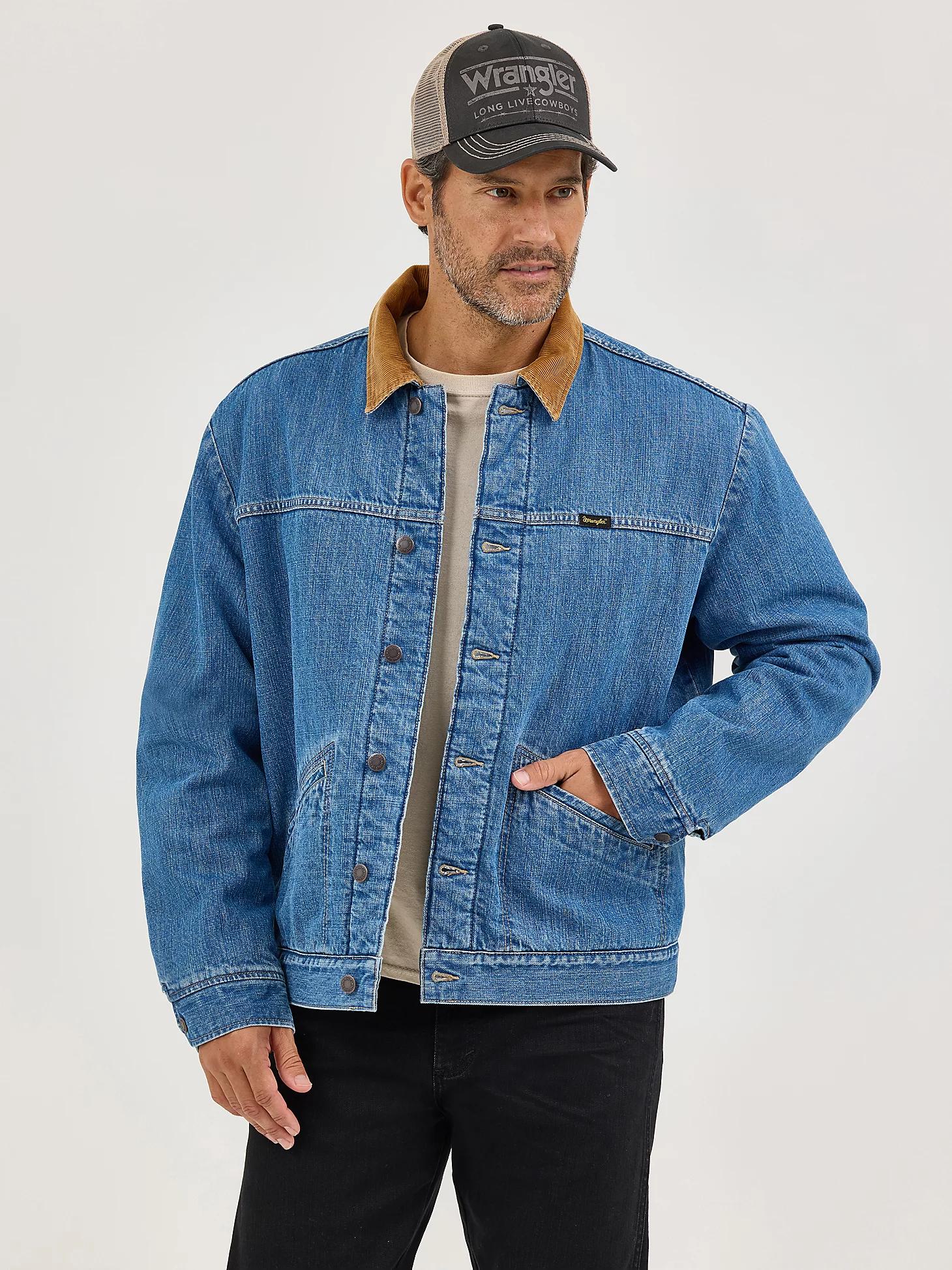 Men's Wrangler® Straight Yoke Sherpa Lined Denim Jacket in Antique Indigo Product Image