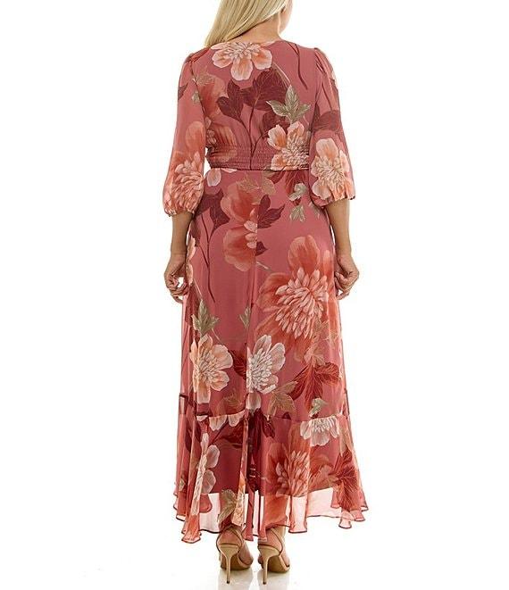 Moda Tara Plus Size Floral Print Chiffon 3/4 Sleeve High Low Skirt Dress Product Image