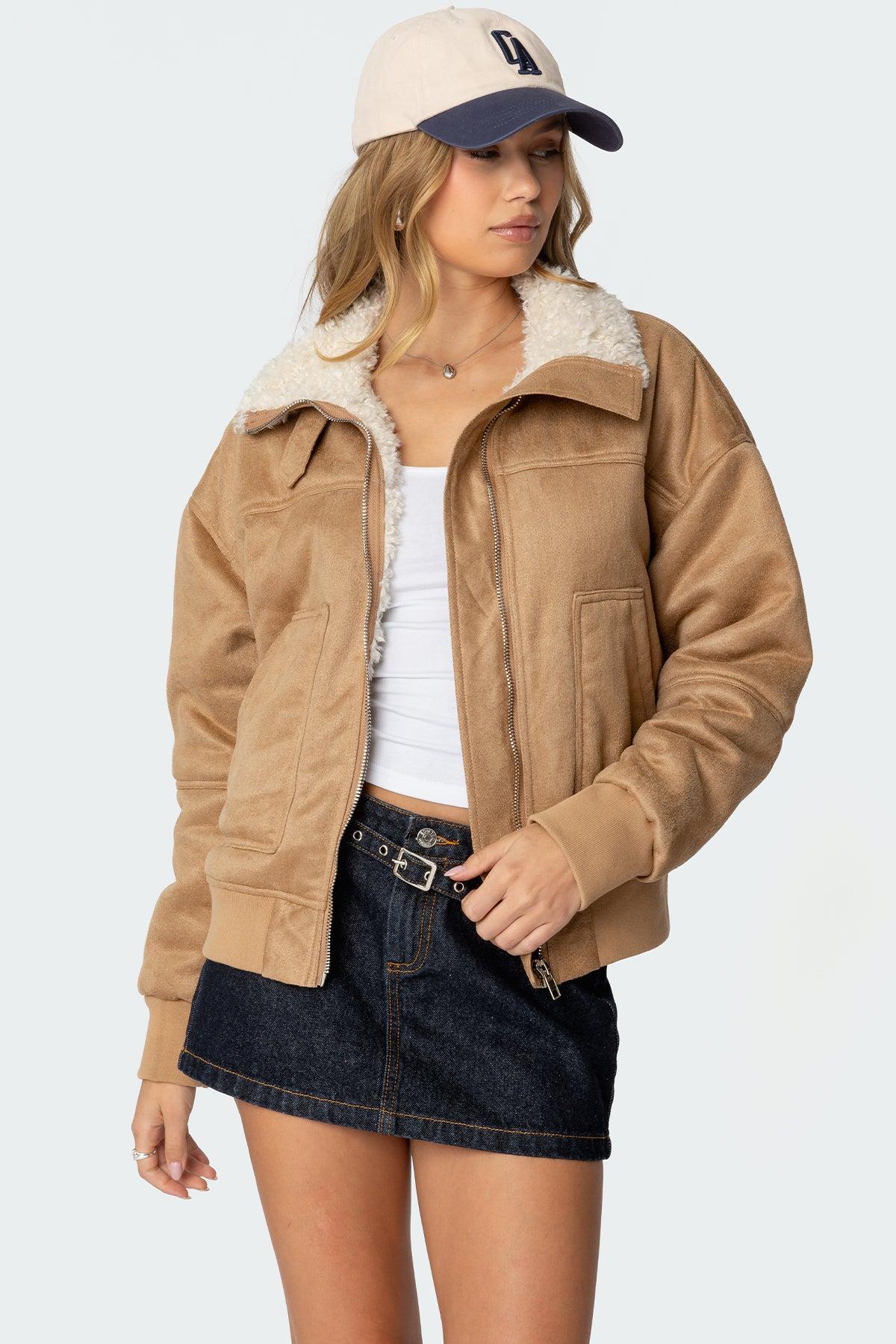 Faux Suede Shearling Bomber Jacket Product Image
