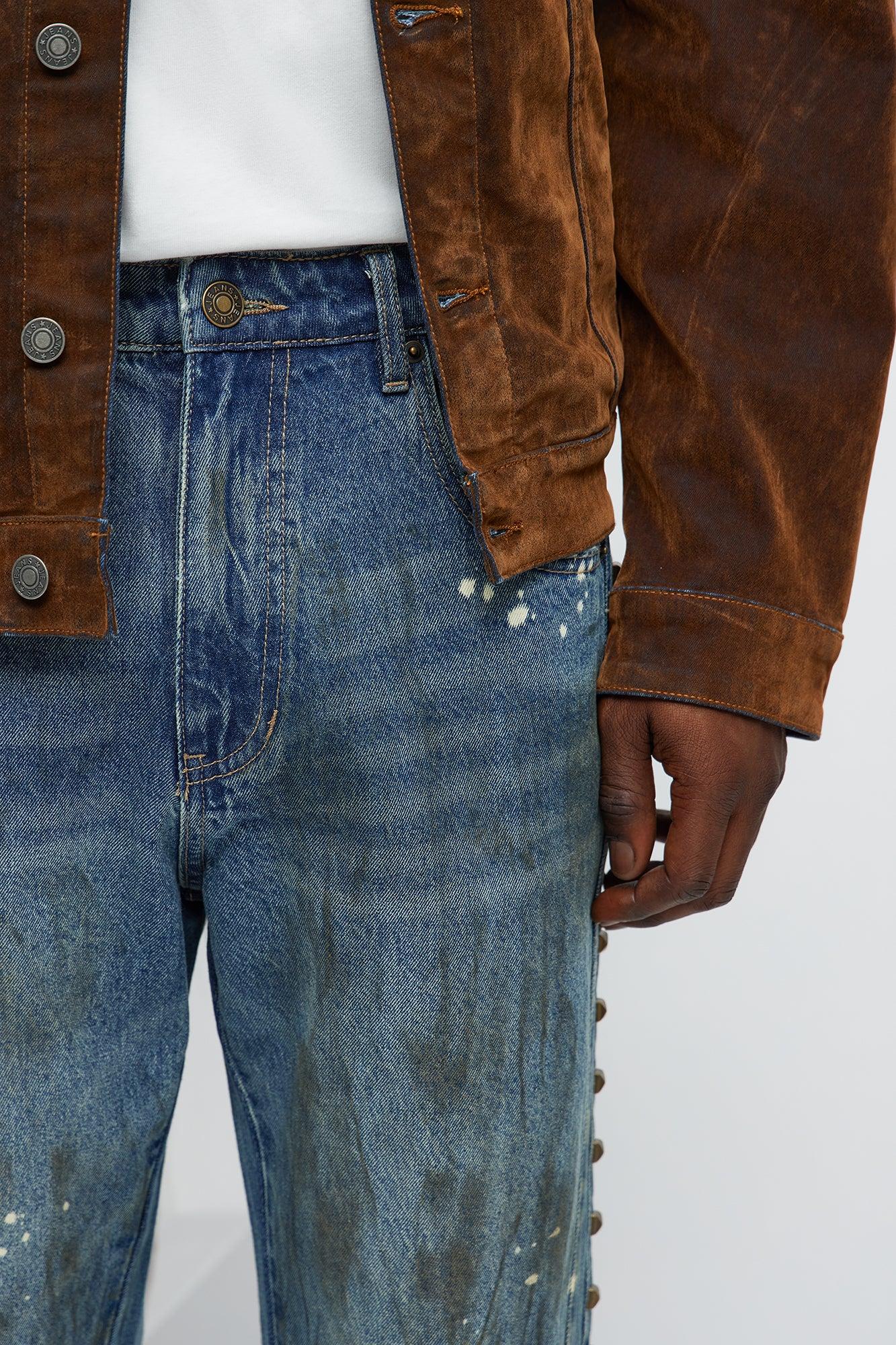 Slim Flare Put Me On Distressed Studded Jeans - Medium Blue Wash Male Product Image