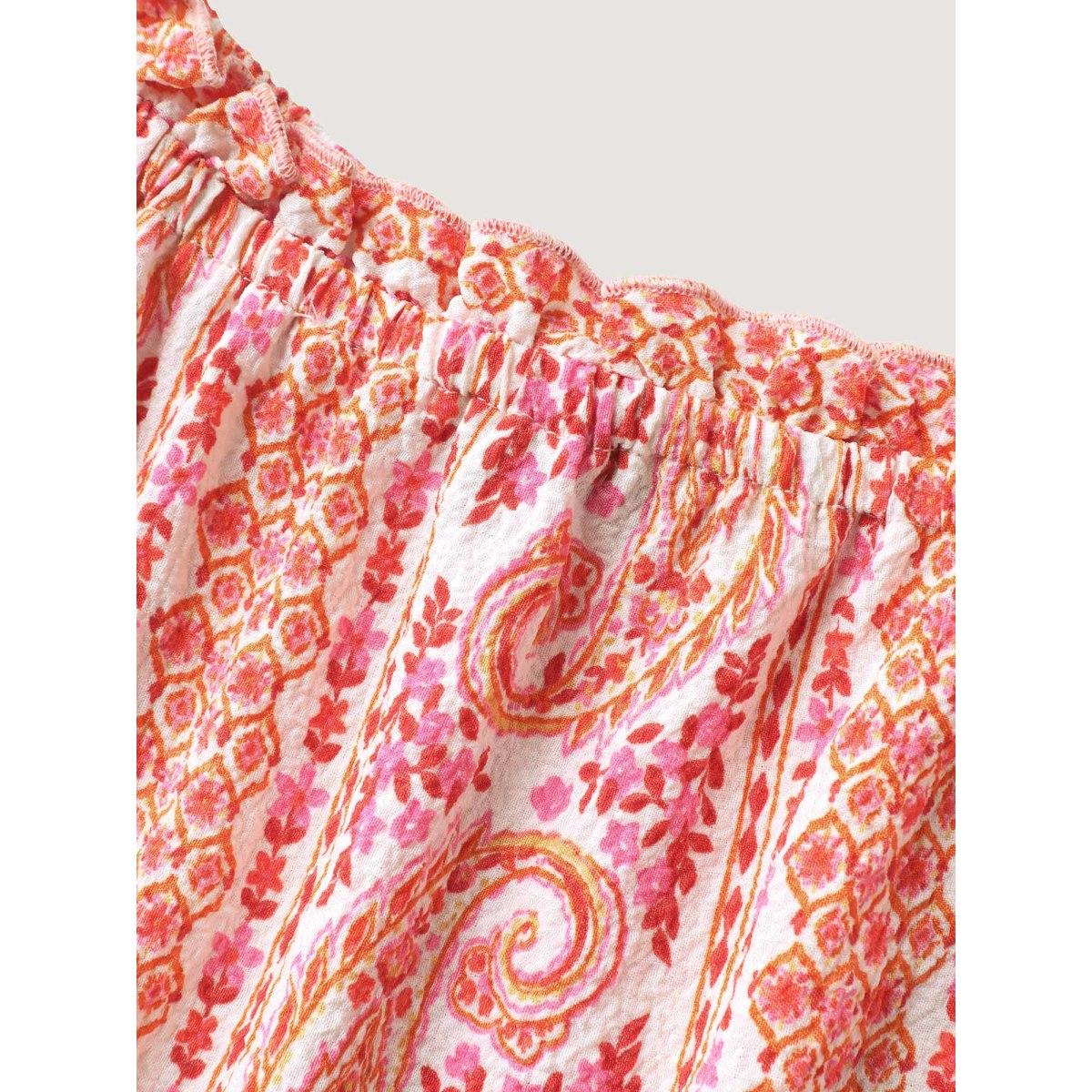 Plus Size WhiteSmoke Stripe Paisley Print Ruffled Neck Blouse Women Short sleeve Square Neck Elegant Blouses BloomChic 10/M Product Image