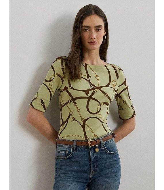 Lauren Ralph Lauren Printed Boatneck Elbow Length Sleeve Tee Shirt Product Image