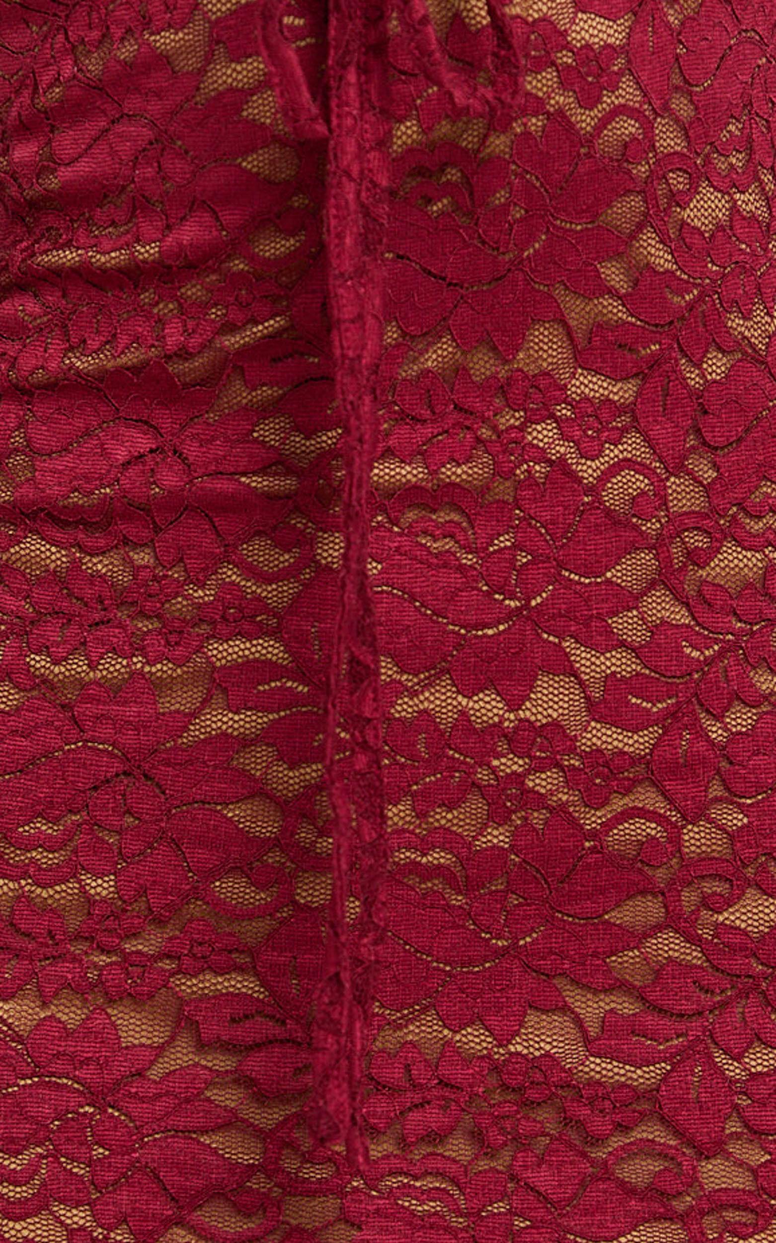 Collette Midi Dress - Ruched Bust Wide Strap Detail Lace Midi Dress in Wine Product Image