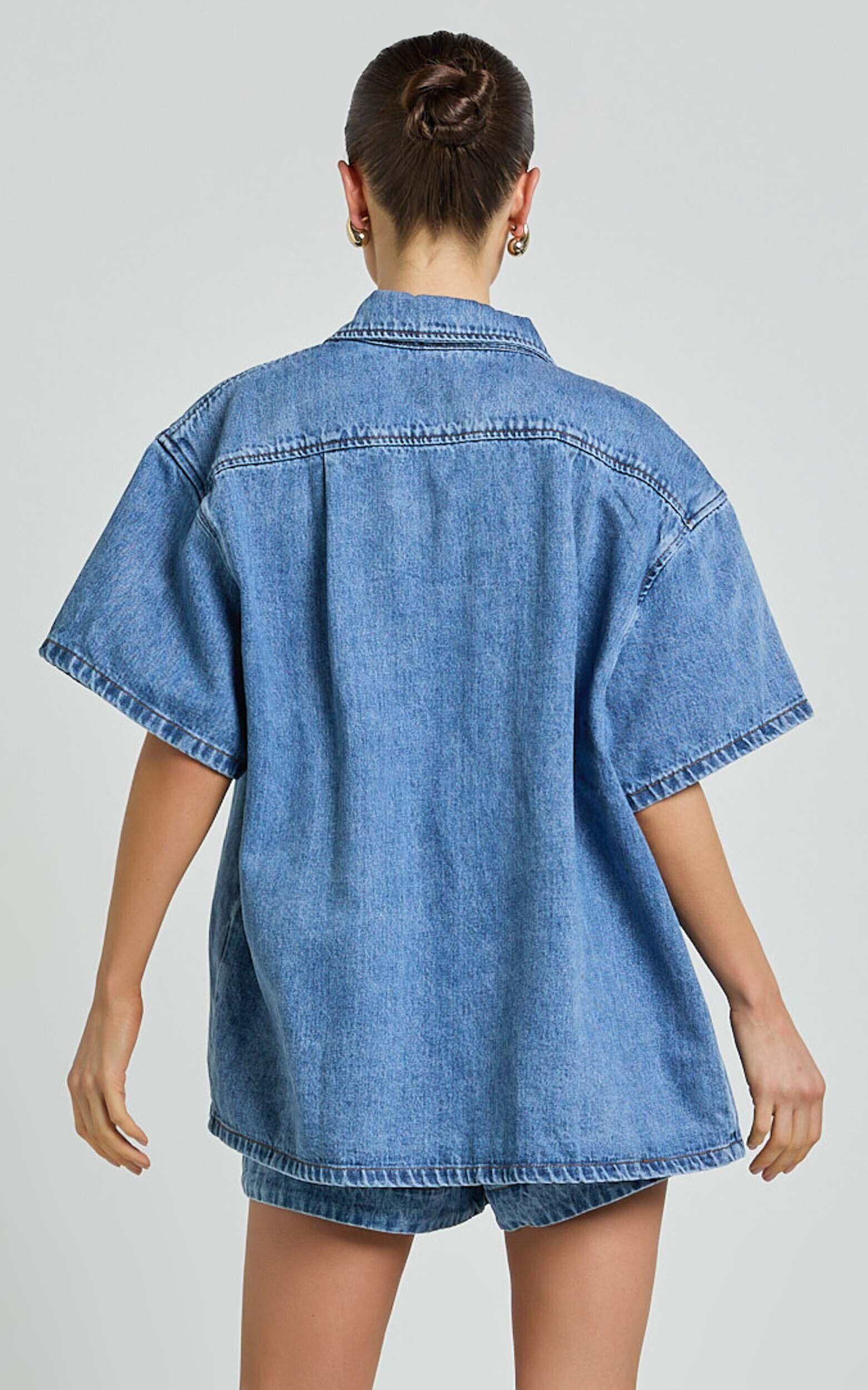 Rhianna Top - Oversized Recycled Denim Hardware Detail Short Sleeve Shirt in Mid Blue Wash Product Image