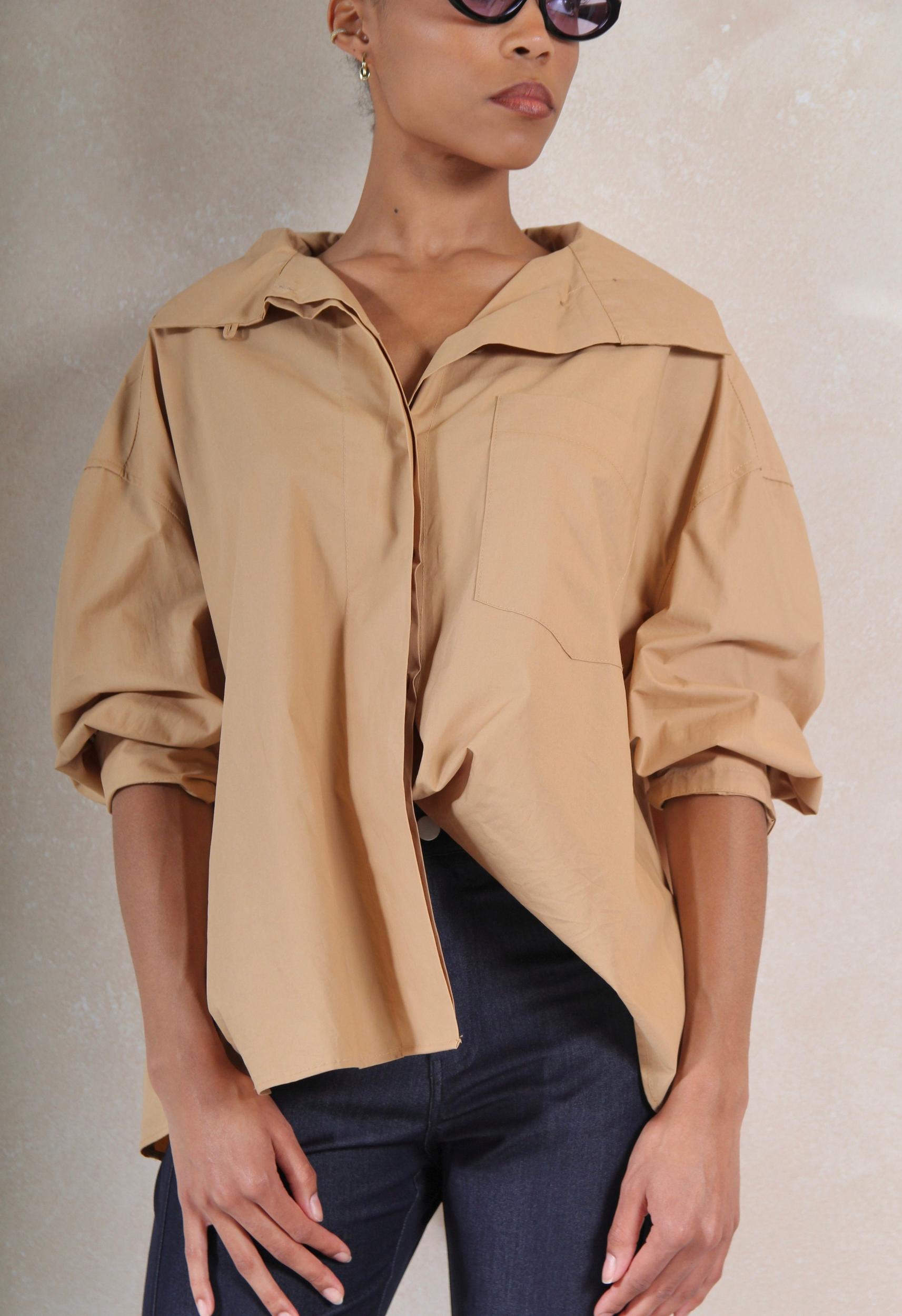 High Collar Button Down in Tan Product Image