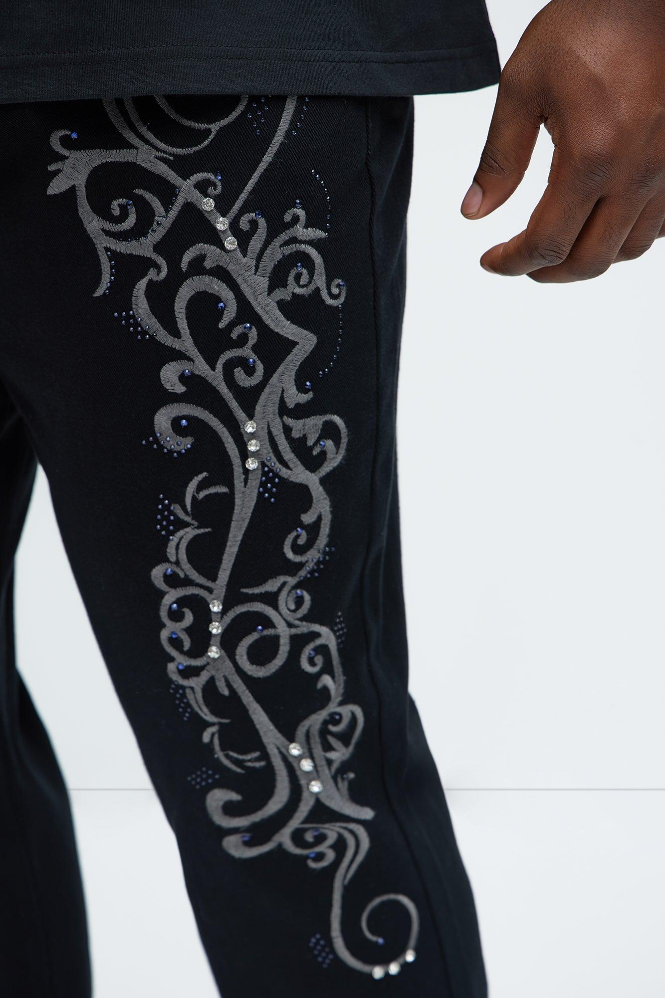 Kurt Rhinestone Embroidered Slim Jeans - Black Product Image