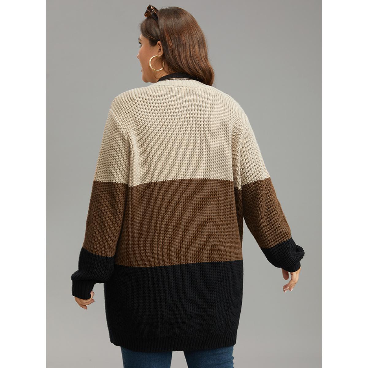 Plus Size Contrast Button Through Patched Pocket Cardigan Multicolor Women Casual Loose Long Sleeve Dailywear Cardigans BloomChic 30/6X Product Image