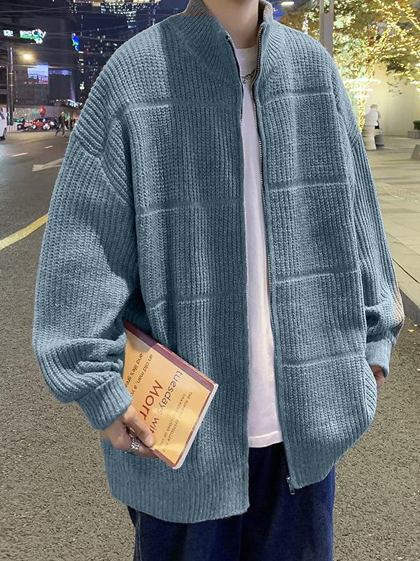 Men's Solid Color Ribbed Knit Cardigan Sweater Product Image