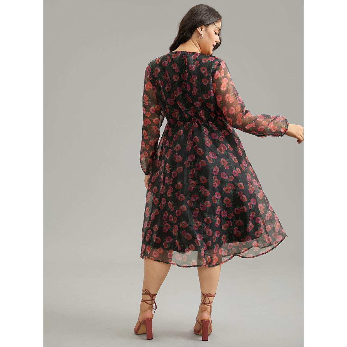 Plus Size Floral Mesh Elastic Waist Lantern Sleeve Dress Black Women Casual Elastic cuffs V-neck Long Sleeve Curvy Midi Dress BloomChic 30/6X Product Image