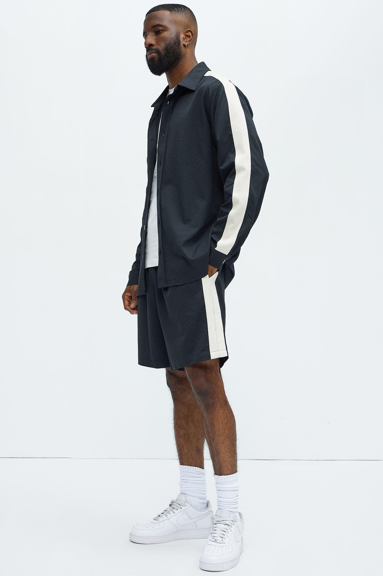 Crinkle Texture Taped Relaxed Shorts - Black Product Image