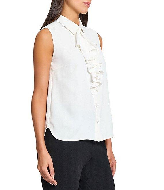 Ming Wang x Tanya Foster Crepe De Chine Point Collar Waterfall Neck Sleeveless Blouse Product Image